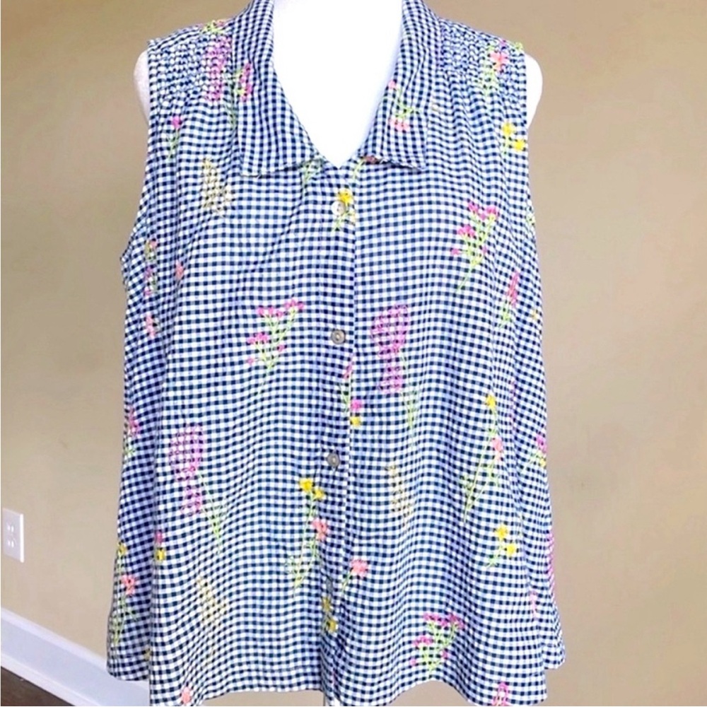 For Cynthia Blue  Gingham Blouse Embroidered Top Sleeveless Cute Floral Flowers